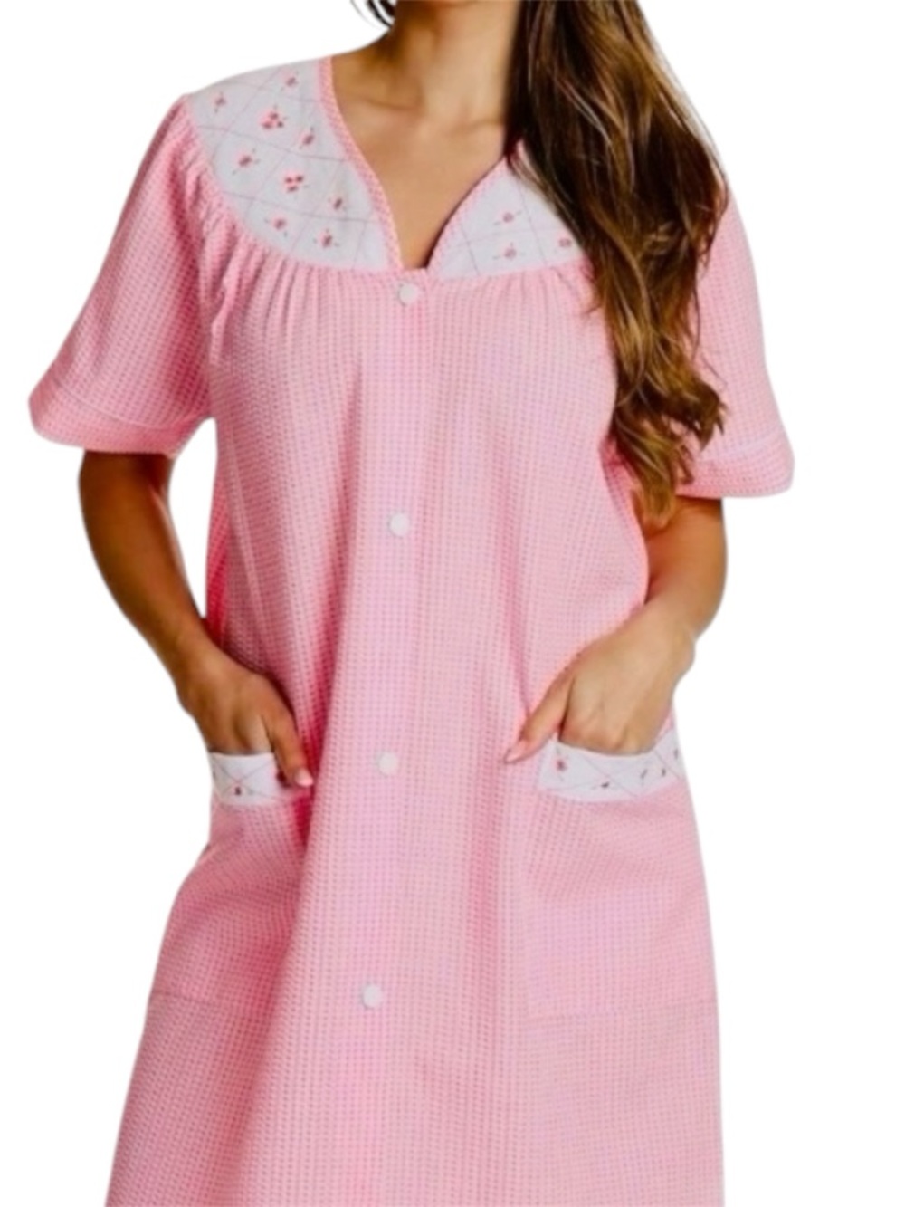 Dreamcrest Duster Housecoat Pink Short Sleeve Medium Gingham Seersucker Summer